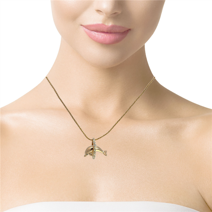 0.20 CTW Diamond Dolphin 14K Yellow Gold Pendant Necklace