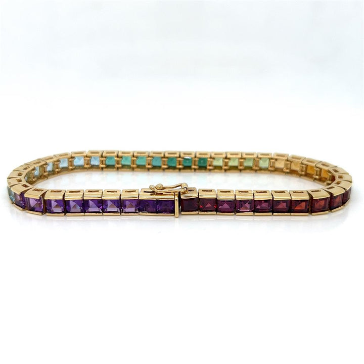 18K Yellow Gold Princess Cut Rainbow Sapphire Bracelet