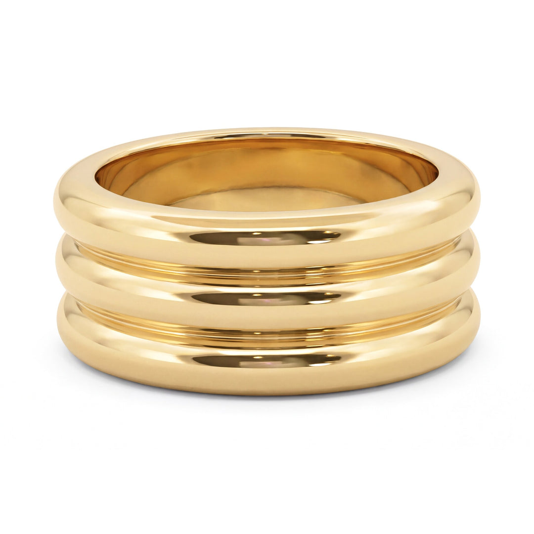 14K Yellow Gold Wide Triple Ridge Band Ring, 9.5mm