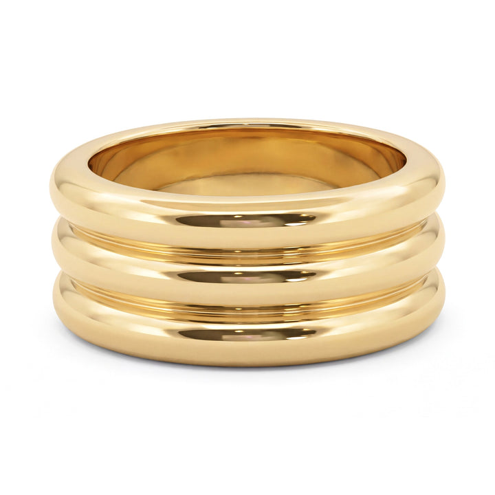14K Yellow Gold Wide Triple Ridge Band Ring, 9.5mm
