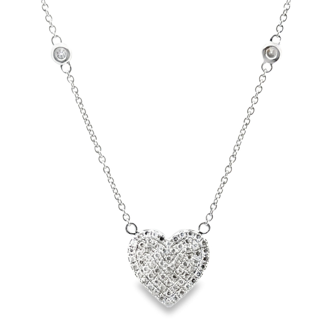 0.35 CTW Diamond Heart Station Chain Necklace, 14K White Gold