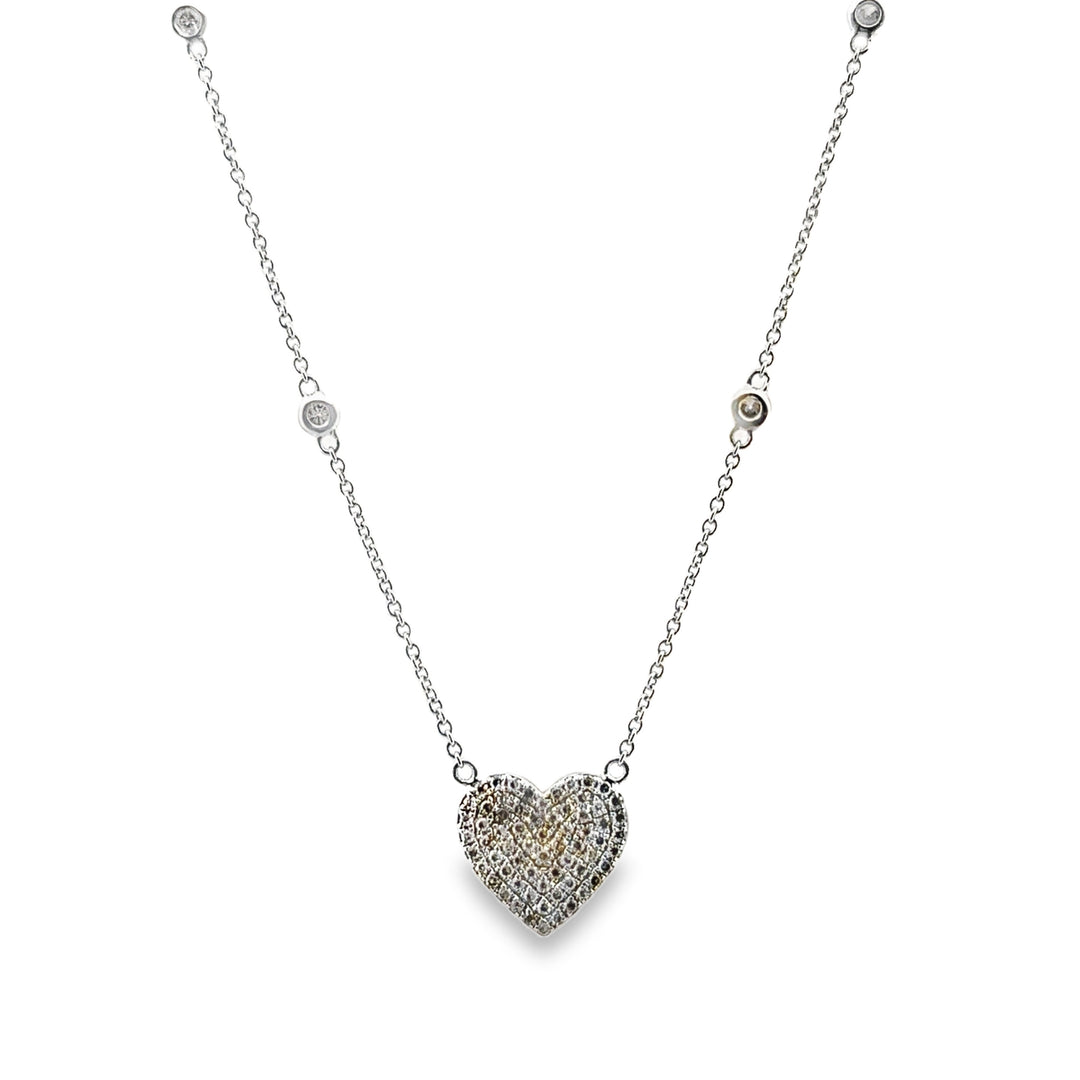 0.35 CTW Diamond Heart Station Chain Necklace, 14K White Gold