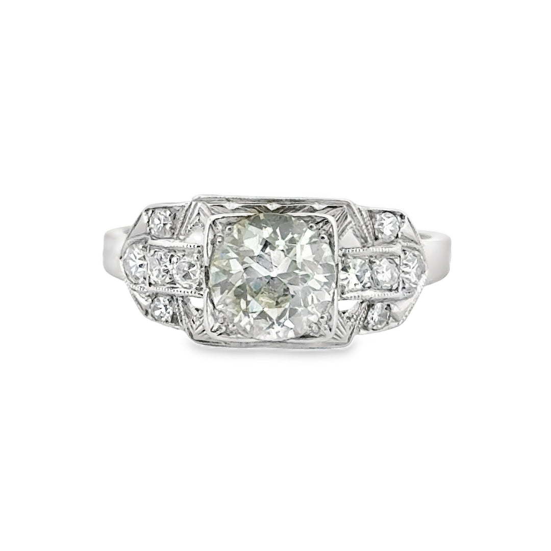 0.91 CT Old European L VS2 Diamond 0.20 CTW Round Diamonds Platinum Engagement Ring