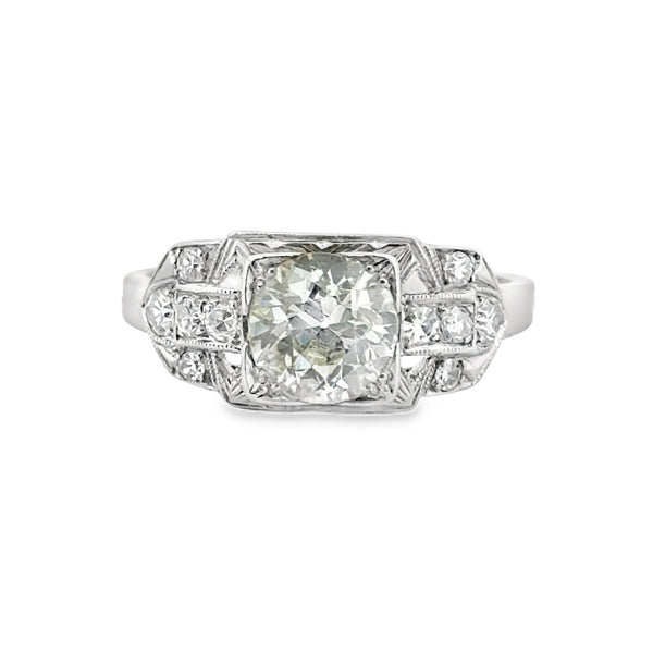 0.91 CT Old European L VS2 Diamond 0.20 CTW Round Diamonds Platinum Engagement Ring