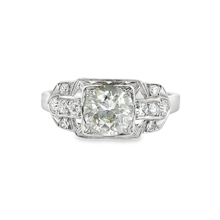 0.91 CT Old European L VS2 Diamond 0.20 CTW Round Diamonds Platinum Engagement Ring